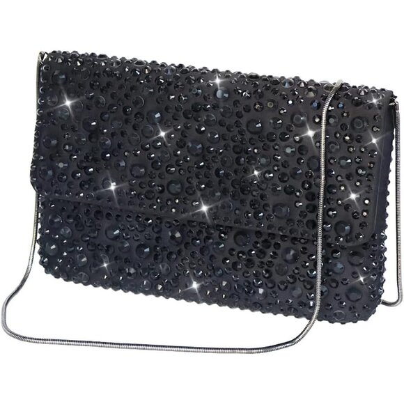 ⚡ Women's Sparkling Black Evening Rhinestone Shoulder Chain Crystal Clutch Bag - Picture 1 of 6